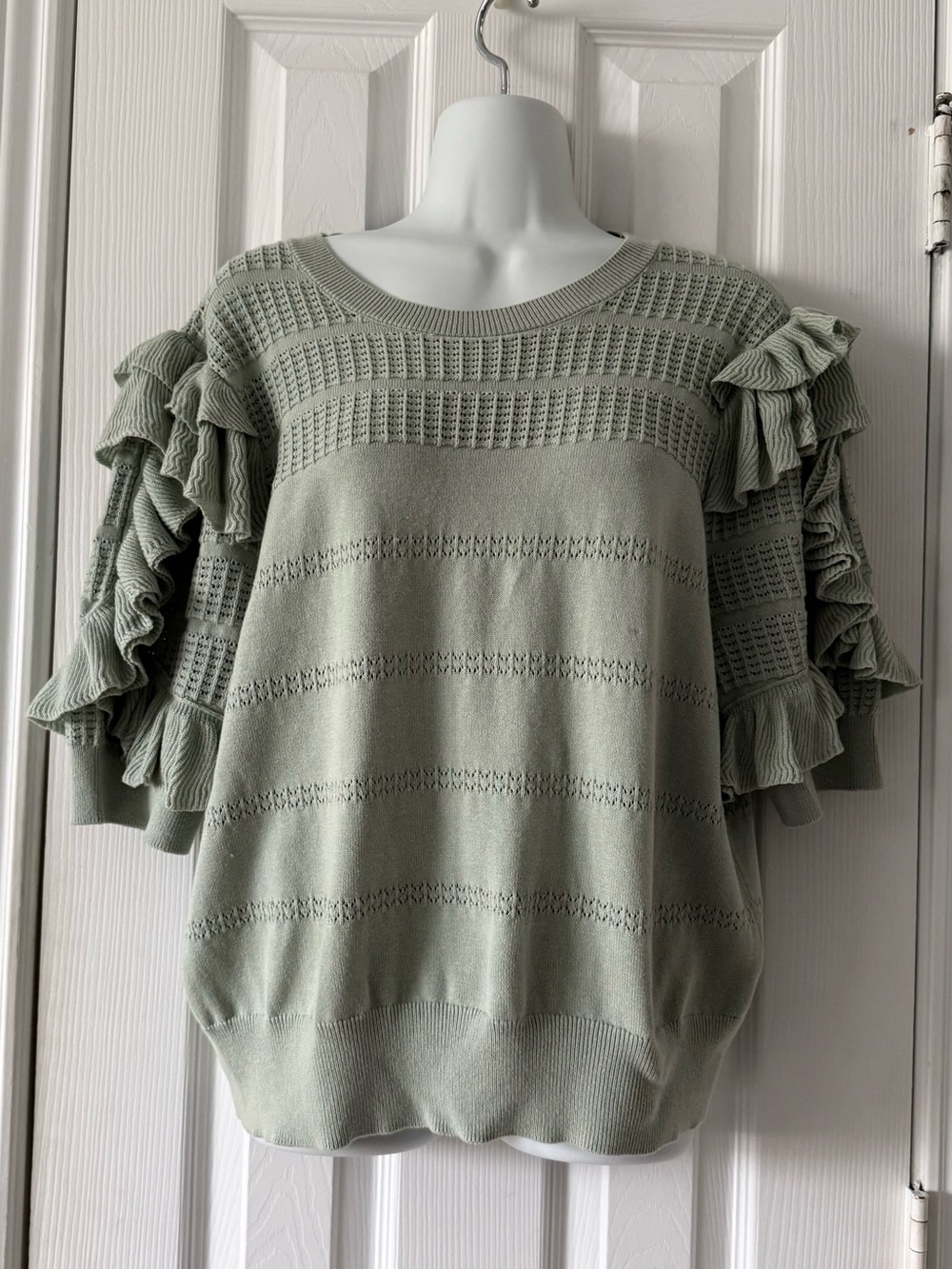 Ruffle Sleeve Sage Green Knit Scoop Neck Sweater